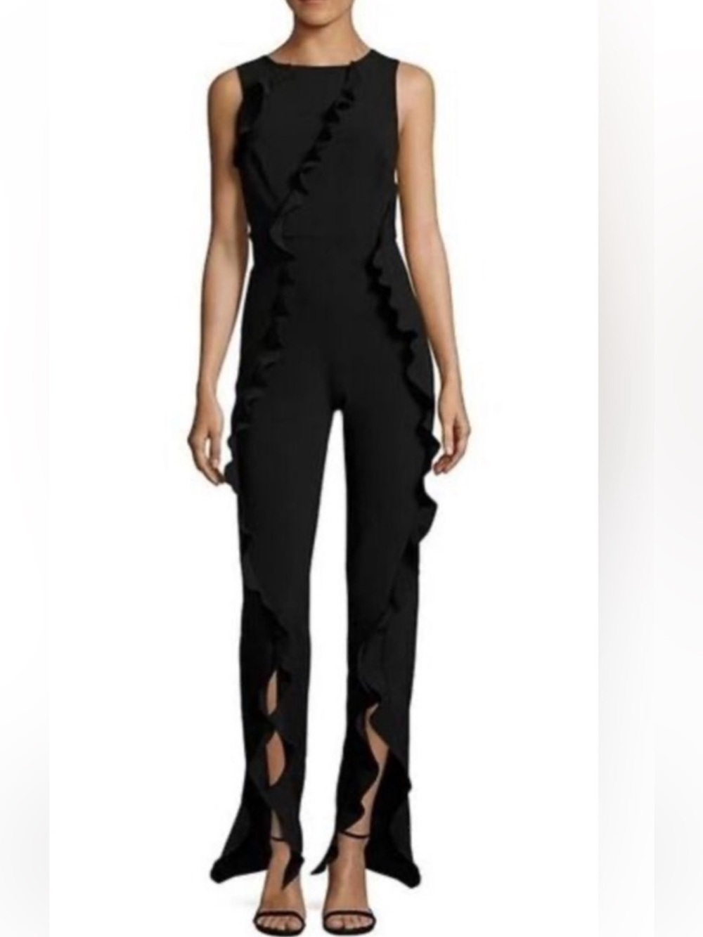 Saloni jumpsuit wide leg Black Ruffle Trim Sleeveless Cutout Hem Deep V Back 6